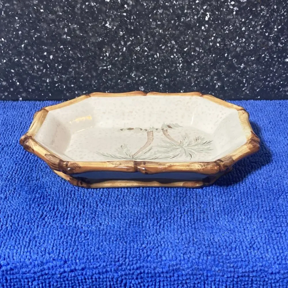 Vintage Springmaid Ceramic Soap Dish With Bamboo Trim & Palm Tree Design